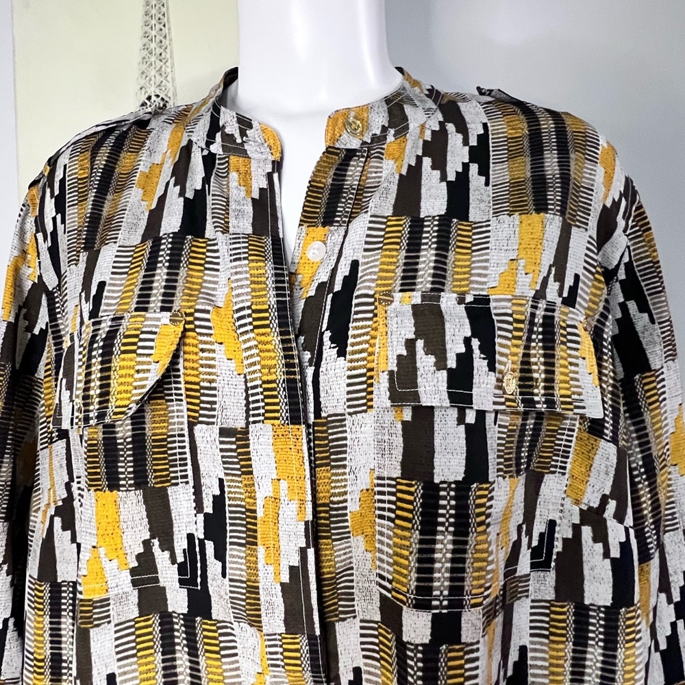 Michael Kors Women's Brown,White, and Yellow Patterned Blouse